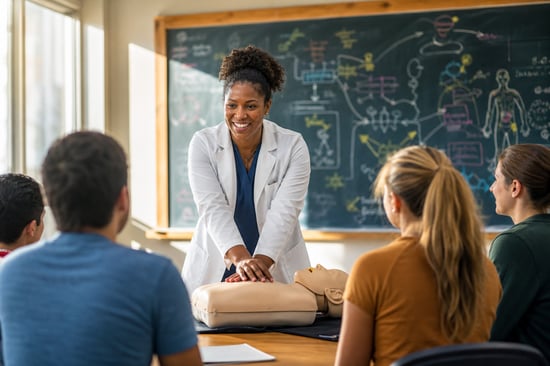 Black Nurse Teaching Students In Classroom